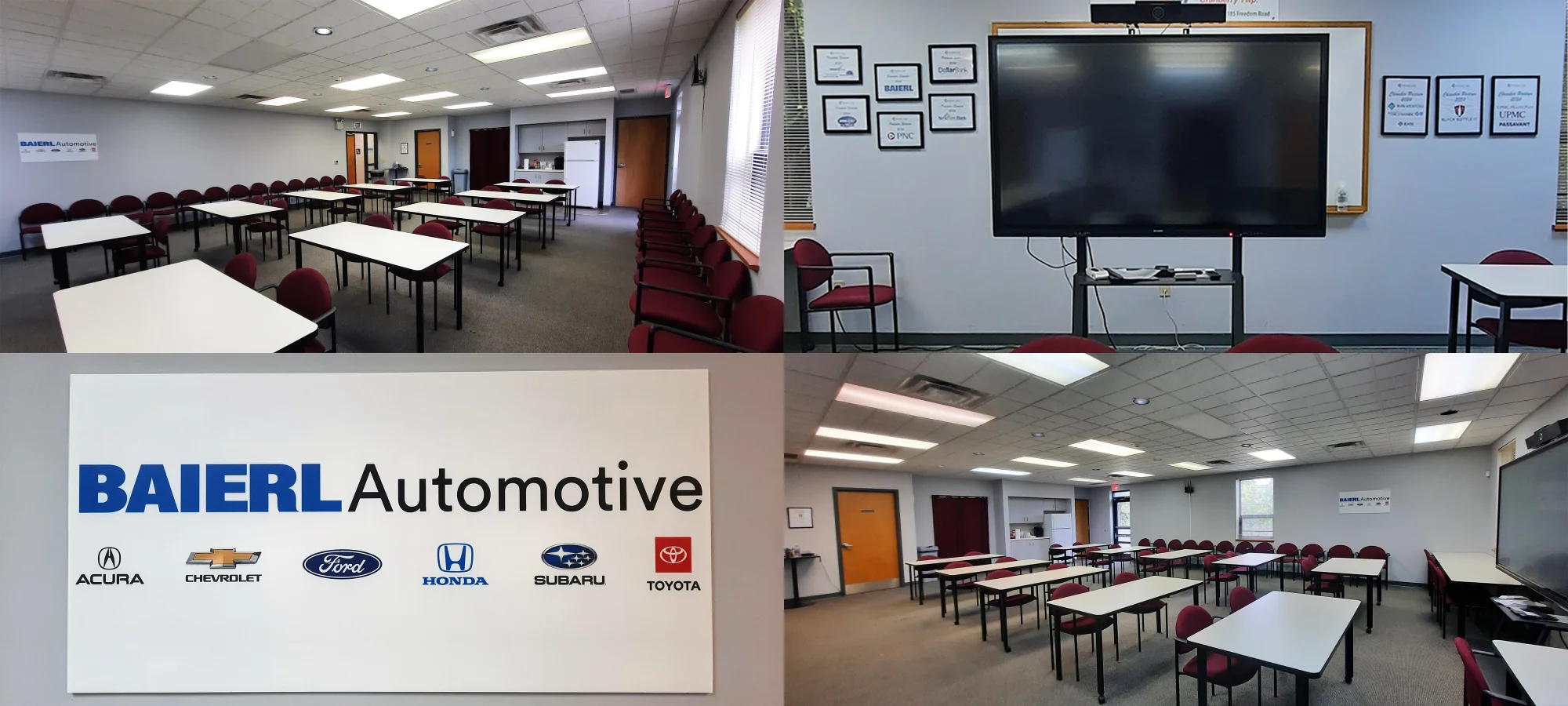 Conference Center Collage Four photos of the Baierl Automotive Conference Center showing smart board and seating
