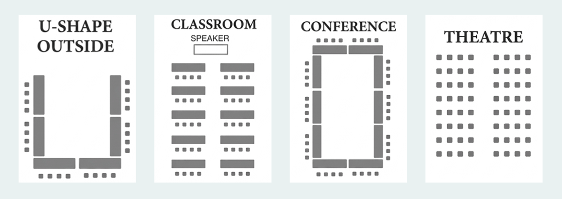 Conference Center Seating Graphic depicting possible seating arrangements for the Baierl Automotive Conference Center